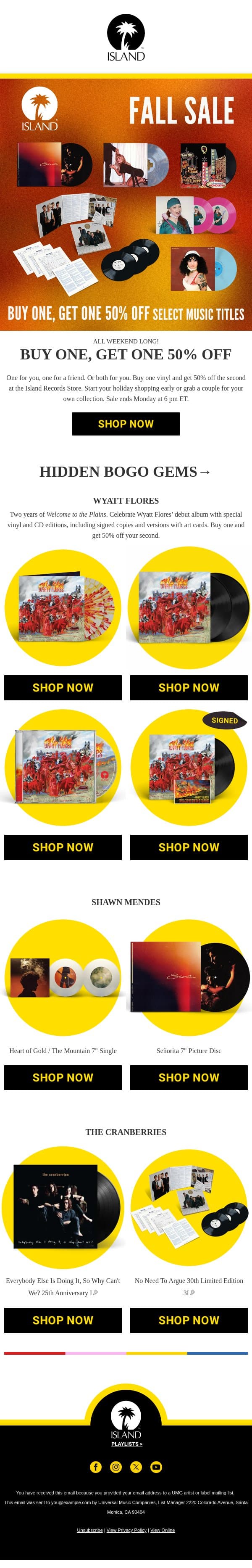 Buy one, get one 50% off ๐ email from Island Records screenshot