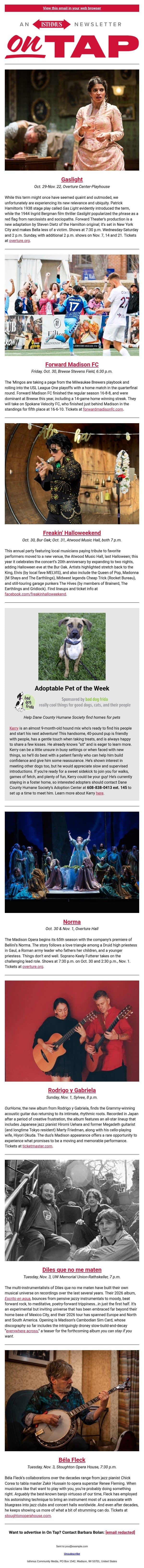 'Mingo + more events in and around Madison Oct. 29-Nov. 5, 2026 email from Isthmus screenshot