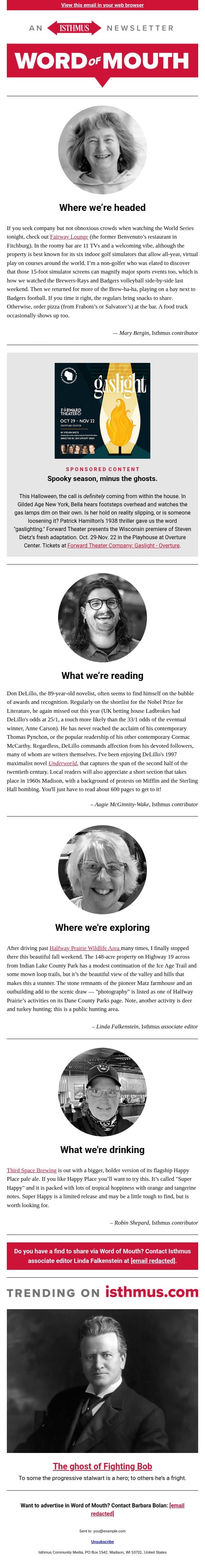 Brewers community + more recommendations | Isthmus Word of Mouth for Oct. 27, 2026 email from Isthmus screenshot