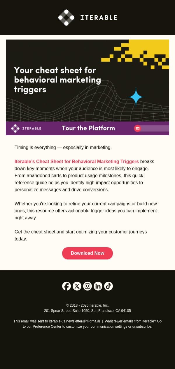 Your cheat sheet for behavioral marketing triggers email from Iterable screenshot