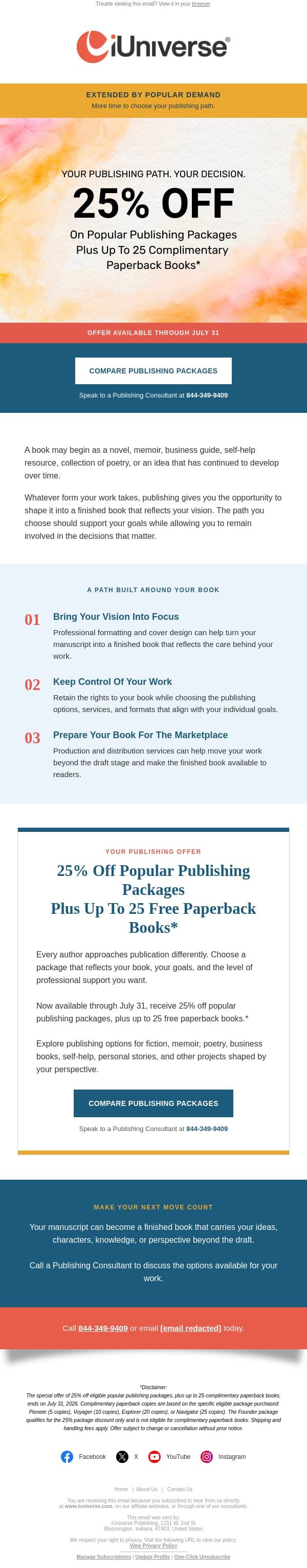 Extended through July 31: save on publishing email from iUniverse screenshot