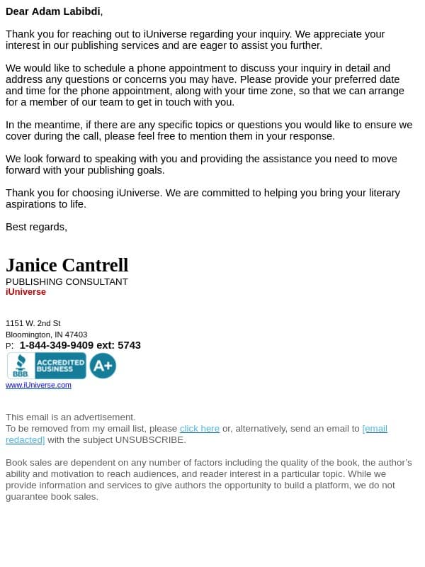 Scheduling a Phone Appointment with iUniverse email from iUniverse screenshot