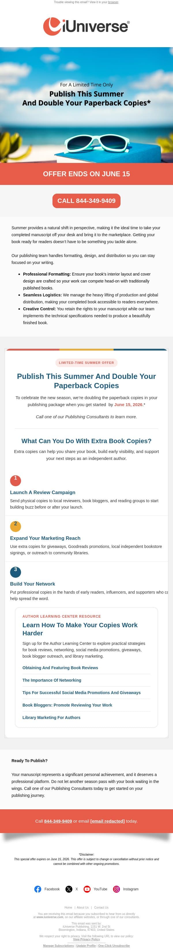 Step into summer with a published book in sight. email from iUniverse screenshot