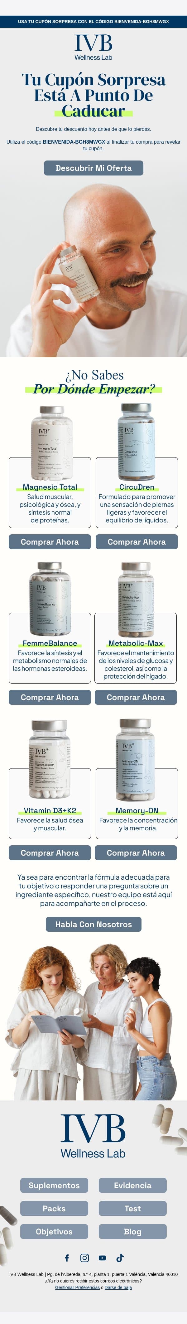 Tu cupón de bienvenida está a punto de caducar ⏰ email from IVB Wellness Lab screenshot