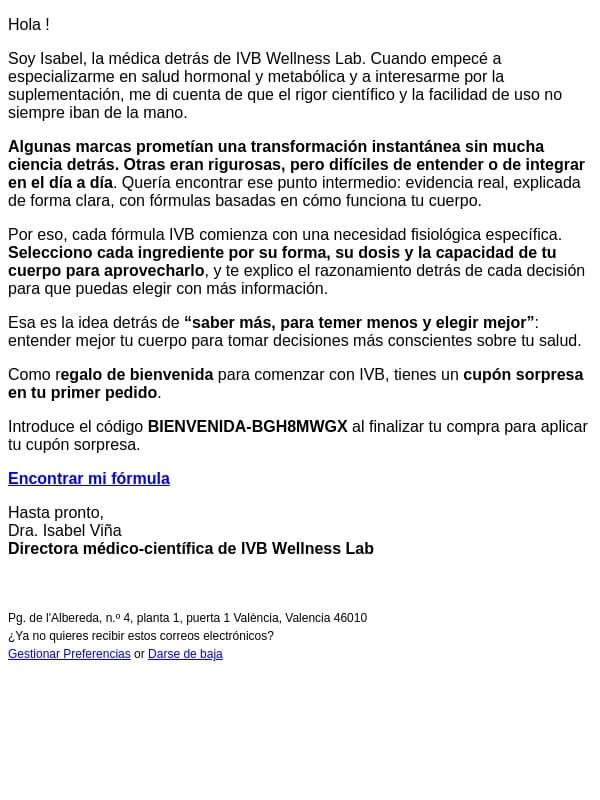 Un mensaje especial de la Dra. Isabel Viña email from IVB Wellness Lab