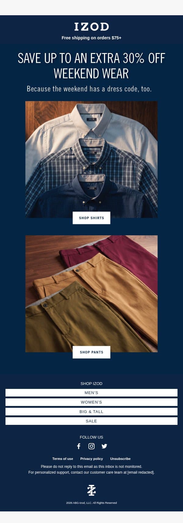 Save Up To An Extra 30% Off. Casual Styles email from Izod screenshot