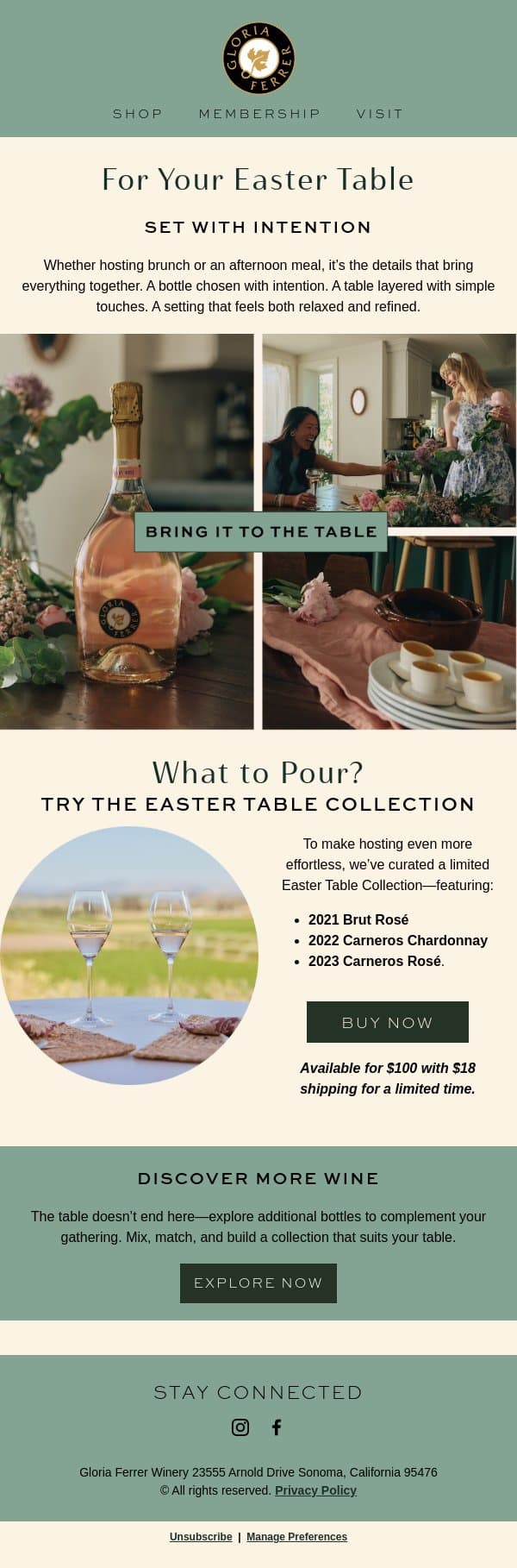 For Your Easter Table email from J Vineyards & Winery screenshot