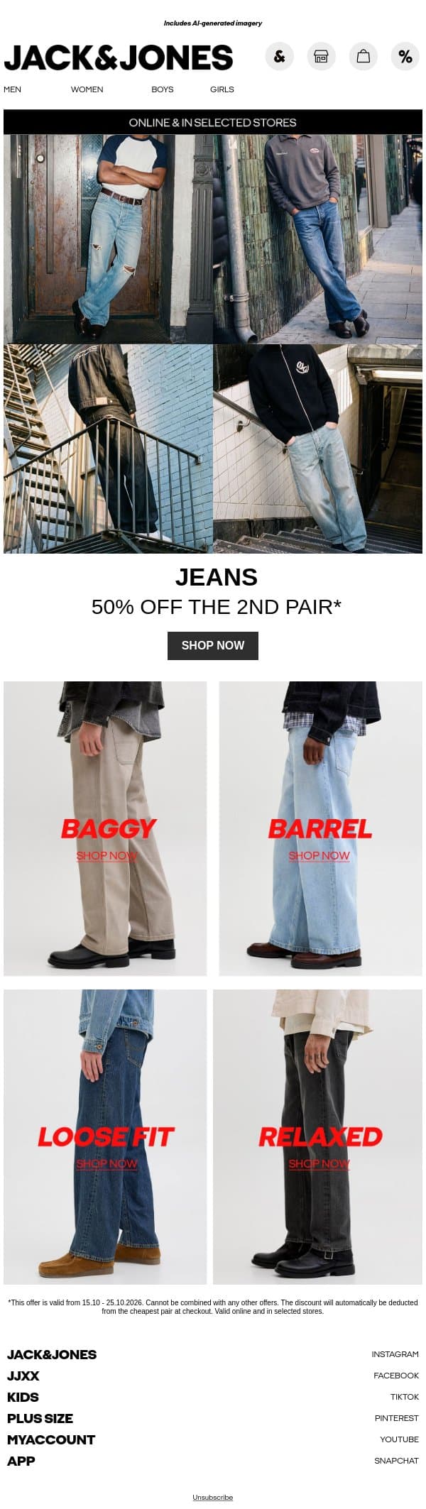 50% off your 2nd pair of jeans email from Jack & Jones screenshot