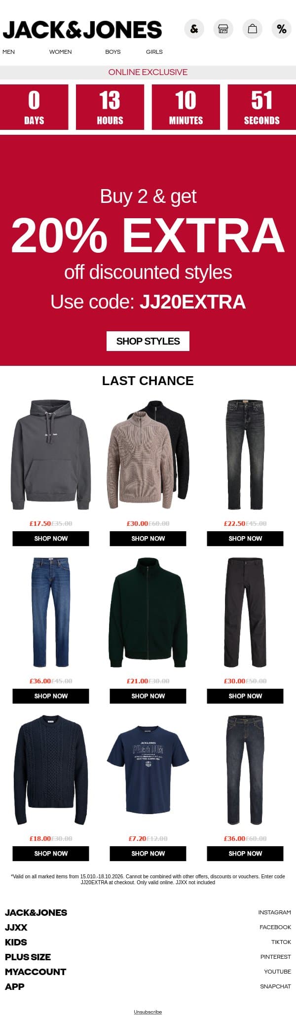 Final hours: 50% + 20% EXTRA email from Jack & Jones screenshot