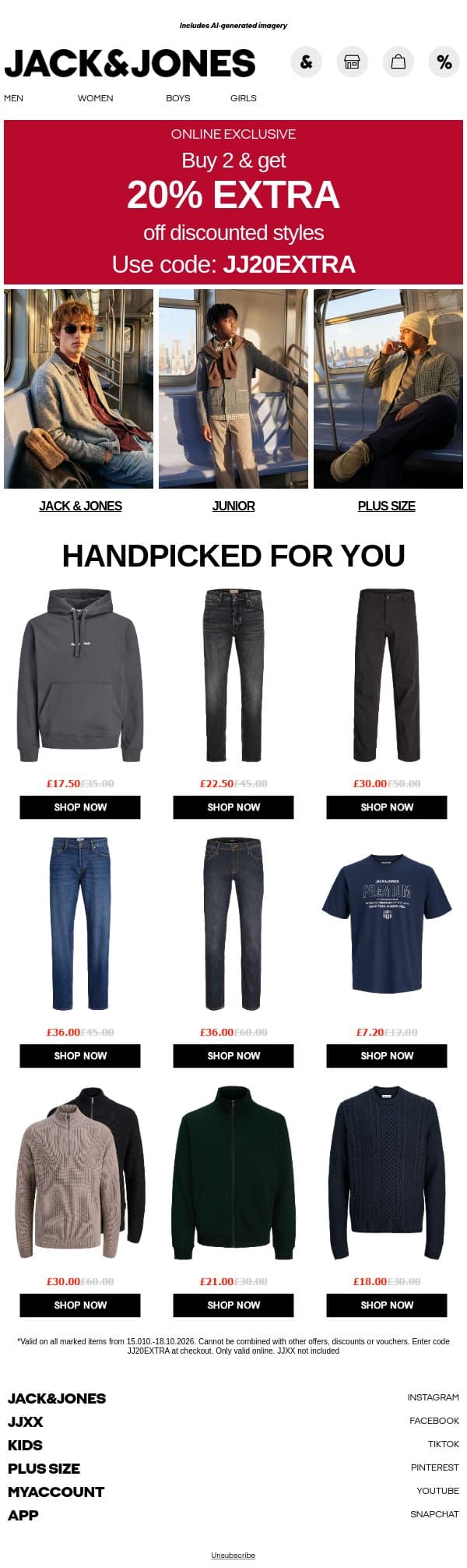 Already reduced. Now 20% EXTRA. email from Jack & Jones screenshot
