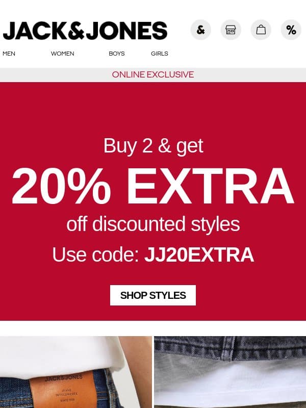 UP TO 50% + 20% OFF email from Jack & Jones