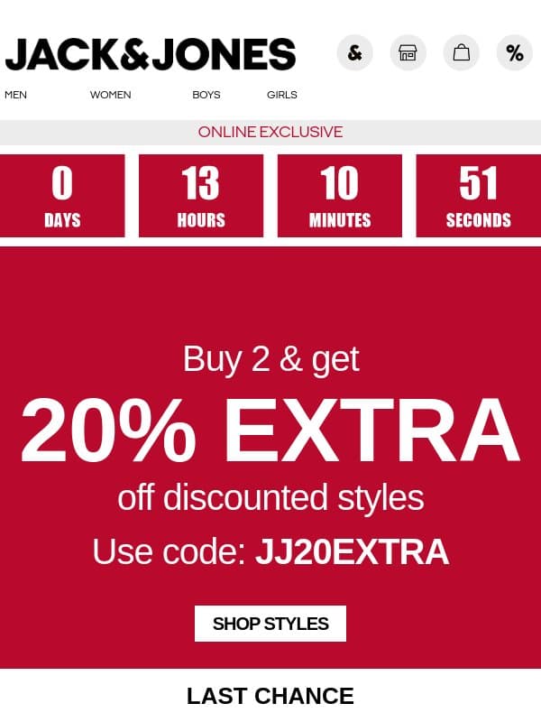 Final hours: 50% + 20% EXTRA email from Jack & Jones