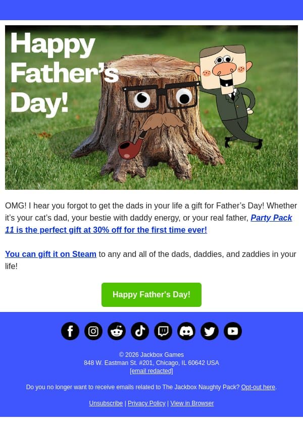 OMG YOU FORGOT TO GET DAD A GIFT FOR FATHERS DAY email from Jackbox Games screenshot