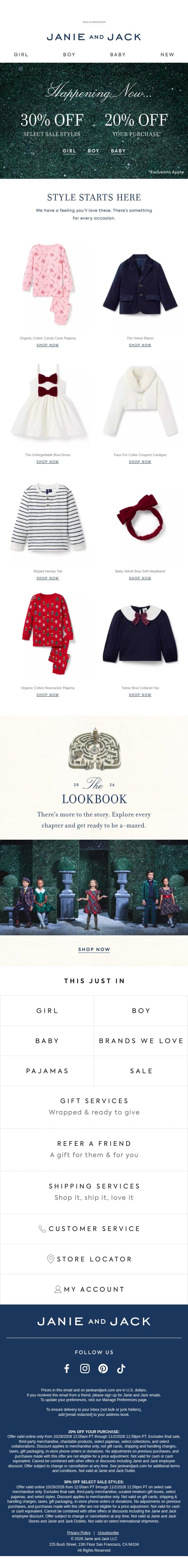 Happening now: 20% off + 30% off select styles email from Janie and Jack screenshot