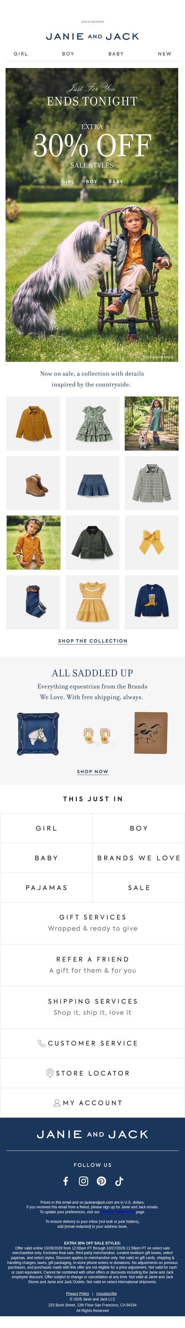 Open ASAP: extra 30% off ends tonight email from Janie and Jack screenshot