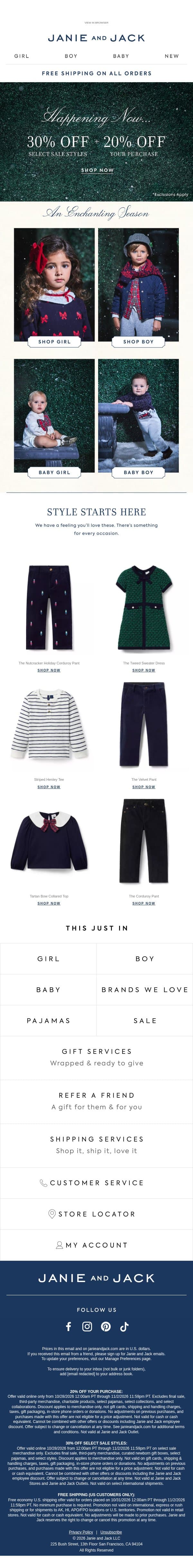 You get free shipping & 20% off your purchase email from Janie and Jack screenshot