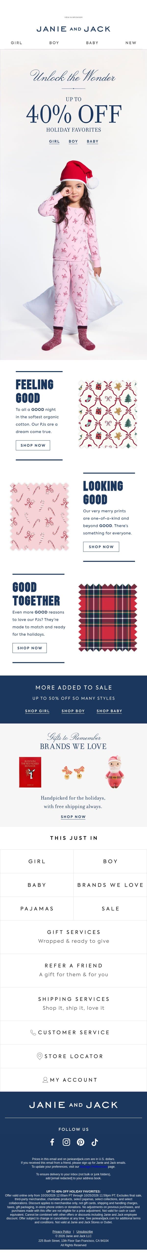 Dream of the holidays in these PJ prints email from Janie and Jack screenshot