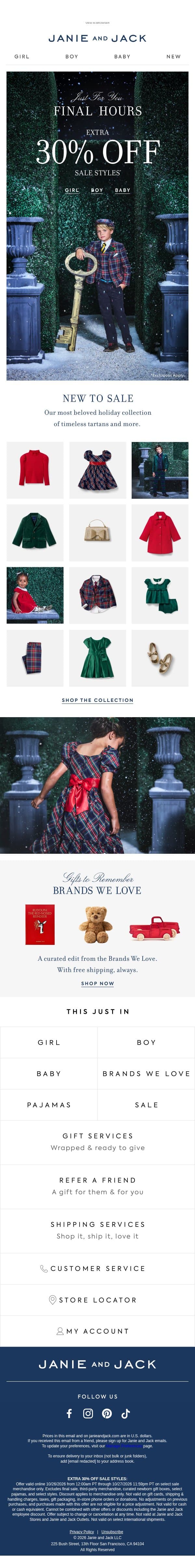 Only hours left for an extra 30% off sale email from Janie and Jack screenshot