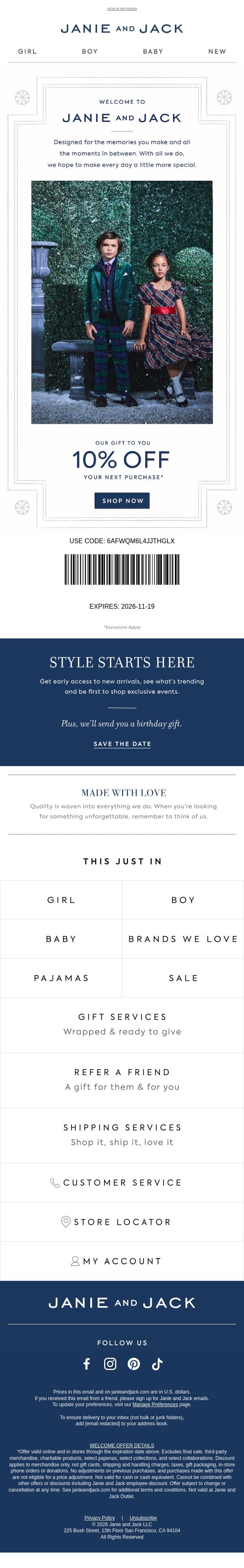 You’re part of the family (and it’s official) email from Janie and Jack screenshot