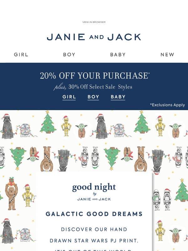 A hand-drawn STAR WARS™ PJ print for the holidays email from Janie and Jack