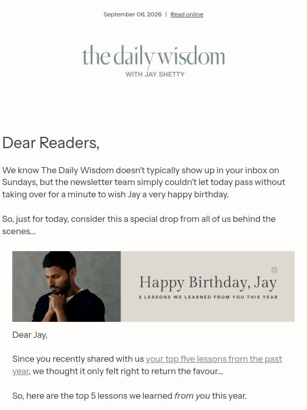 ๐ Happy Birthday, Jay! email from Jay Shetty