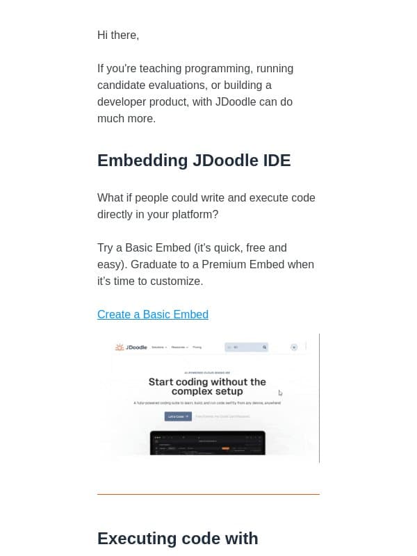 JDoodle APIs, Embedded IDEs, and Assessments email from JDoodle