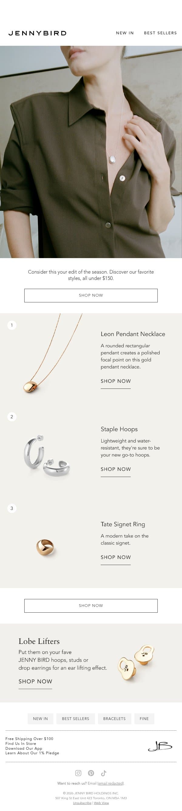 Our Top Picks Under $150 email from Jenny Bird screenshot
