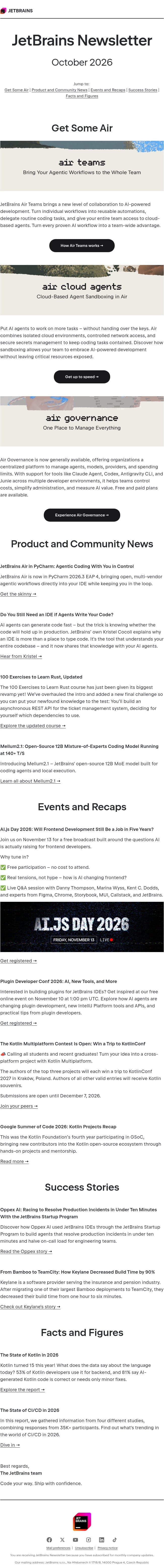 JetBrains Newsletter, October 2026 email from JetBrains AI Assistant screenshot