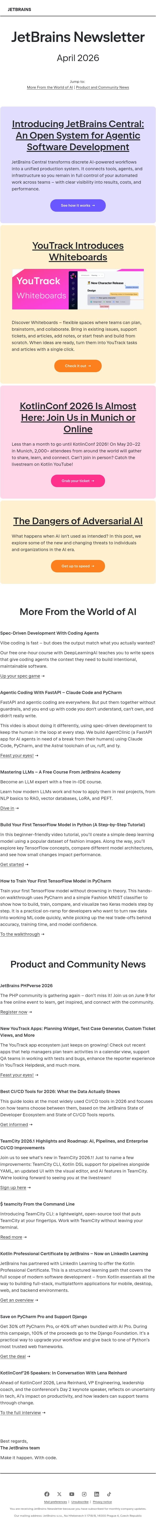 JetBrains Newsletter, April 2026 email from JetBrains AI Assistant screenshot