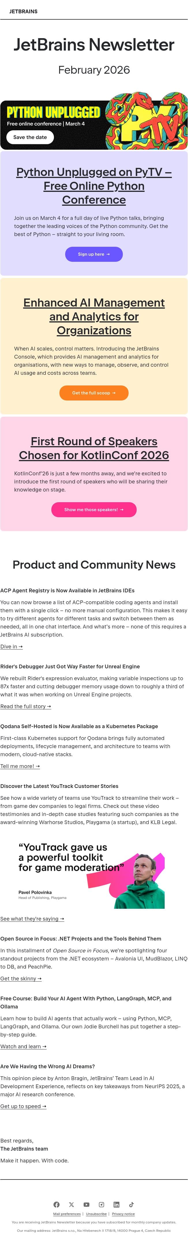 JetBrains Newsletter, February 2026 email from JetBrains AI Assistant screenshot