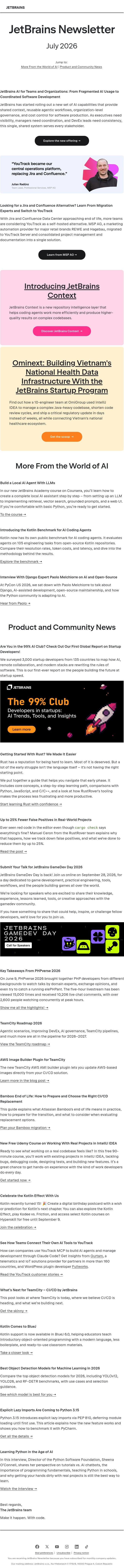 JetBrains Newsletter, July 2026 email from JetBrains AI Assistant screenshot