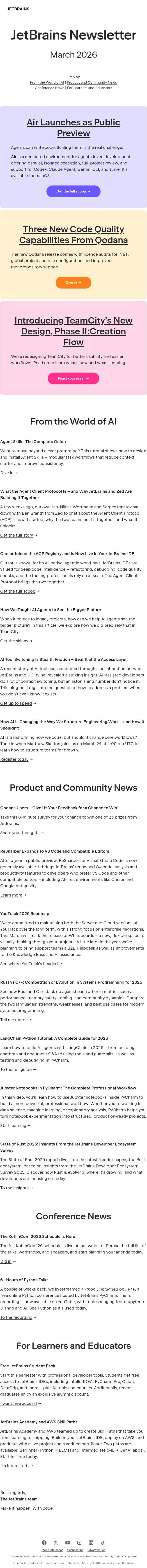 JetBrains Newsletter, March 2026 email from JetBrains AI Assistant screenshot