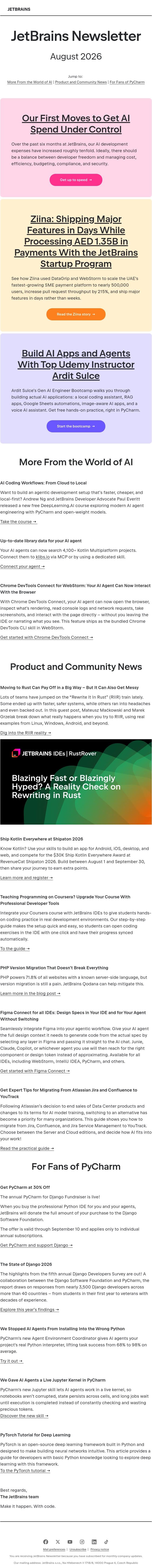 JetBrains Newsletter, August 2026 email from JetBrains AI Assistant screenshot