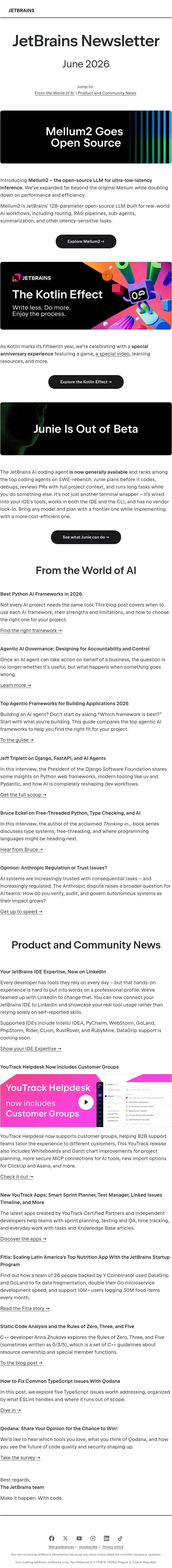 JetBrains Newsletter, June 2026 email from JetBrains AI Assistant screenshot