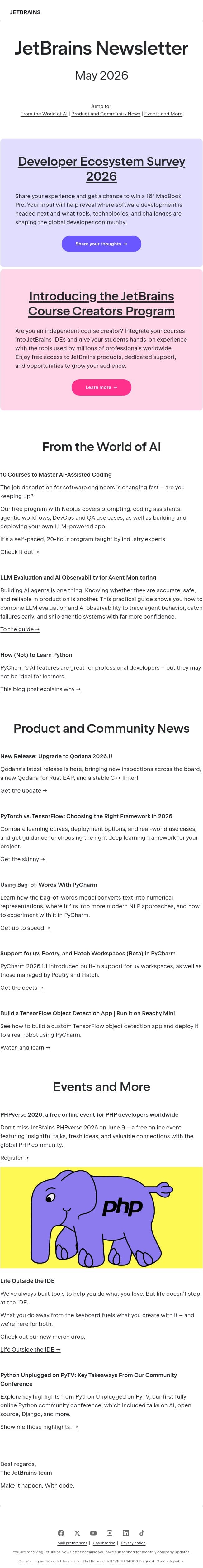 JetBrains Newsletter, May 2026 email from JetBrains AI Assistant screenshot