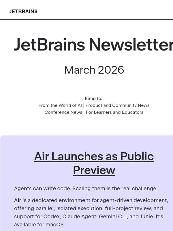 JetBrains Newsletter, March 2026 email from JetBrains AI Assistant