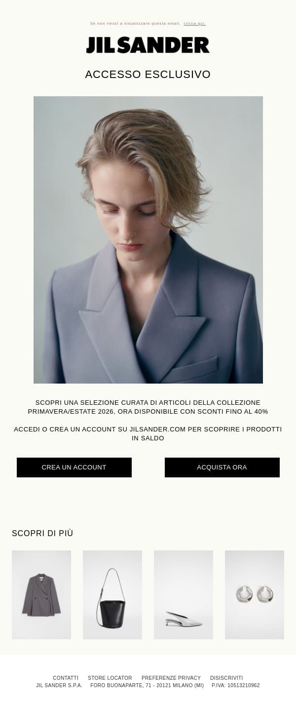 Le Private Sale iniziano oggi email from Jil Sander screenshot