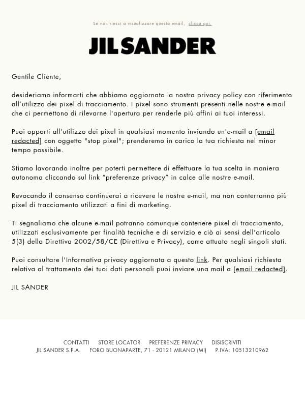 Aggiornamento privacy policy email from Jil Sander