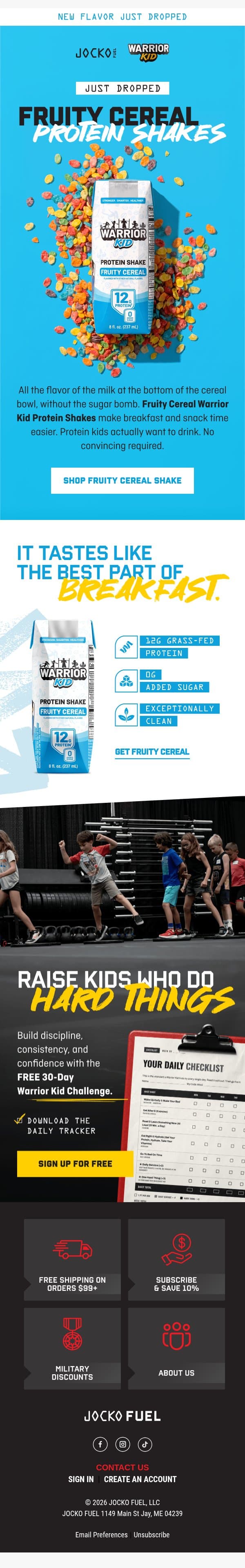 NEW! Warrior Kid Fruity Cereal Protein Shakes Just Dropped. š„£ email from Jocko Fuel screenshot