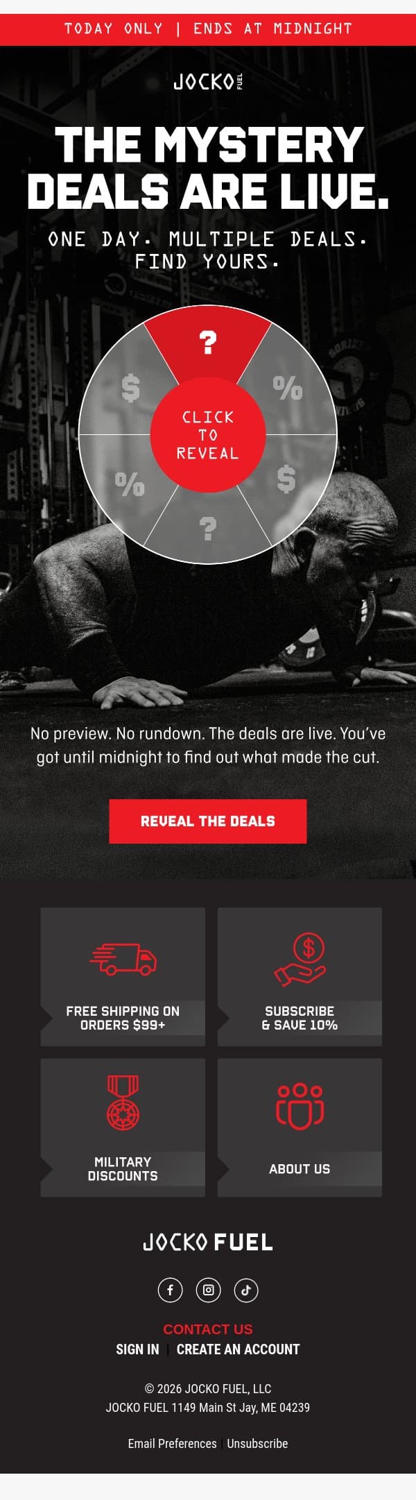 TODAY ONLY. The Mystery Deals❓Are Live email from Jocko Fuel screenshot