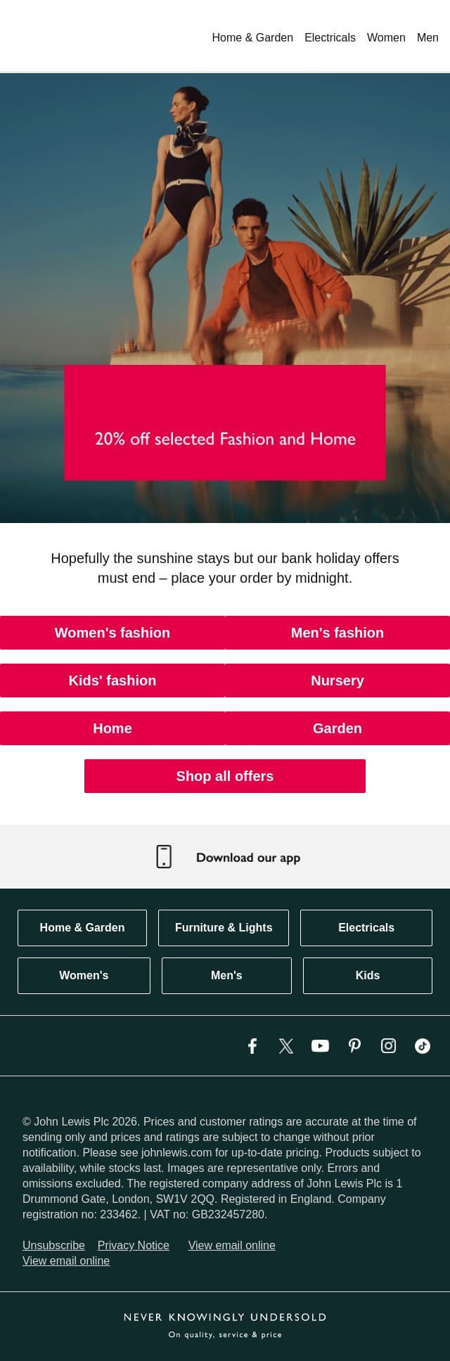Ends today: 20% off selected Fashion and Home email from John Lewis screenshot