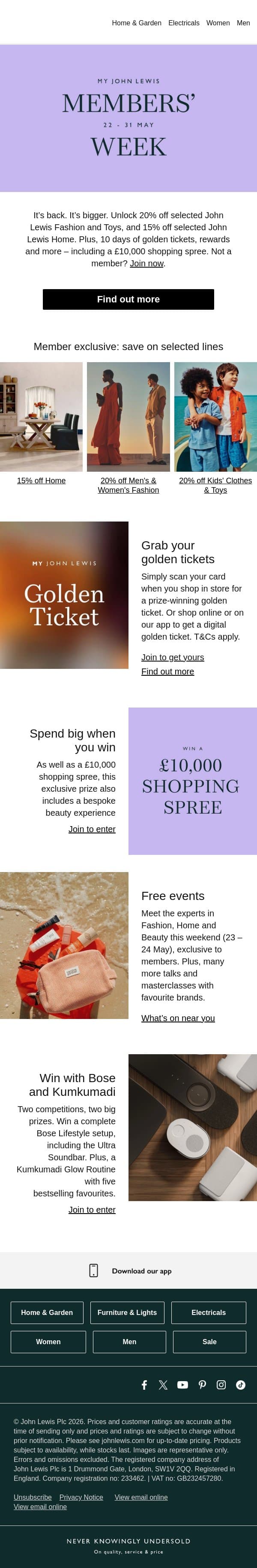 Members' Week starts now email from John Lewis screenshot