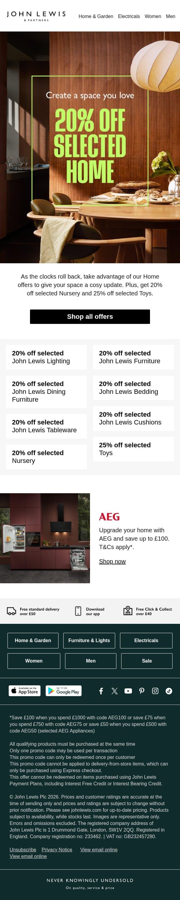 Create a space you love with 20% off selected Home email from John Lewis screenshot
