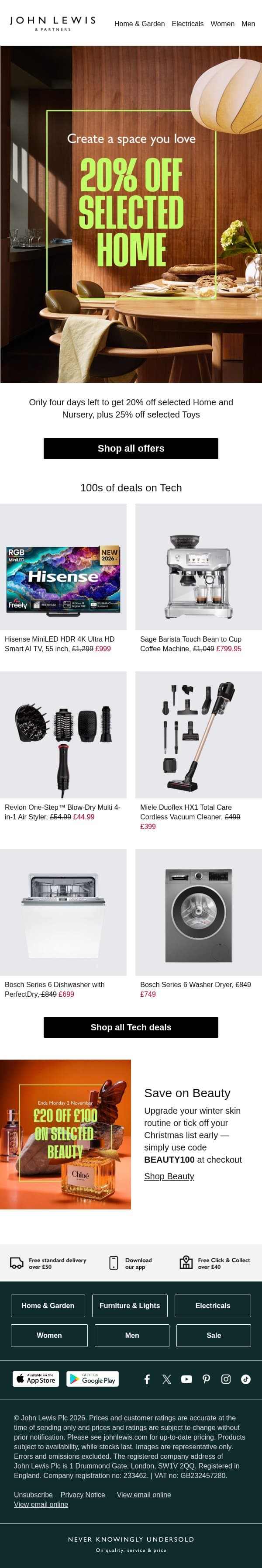 Don't miss: 20% off selected Home ends soon email from John Lewis screenshot