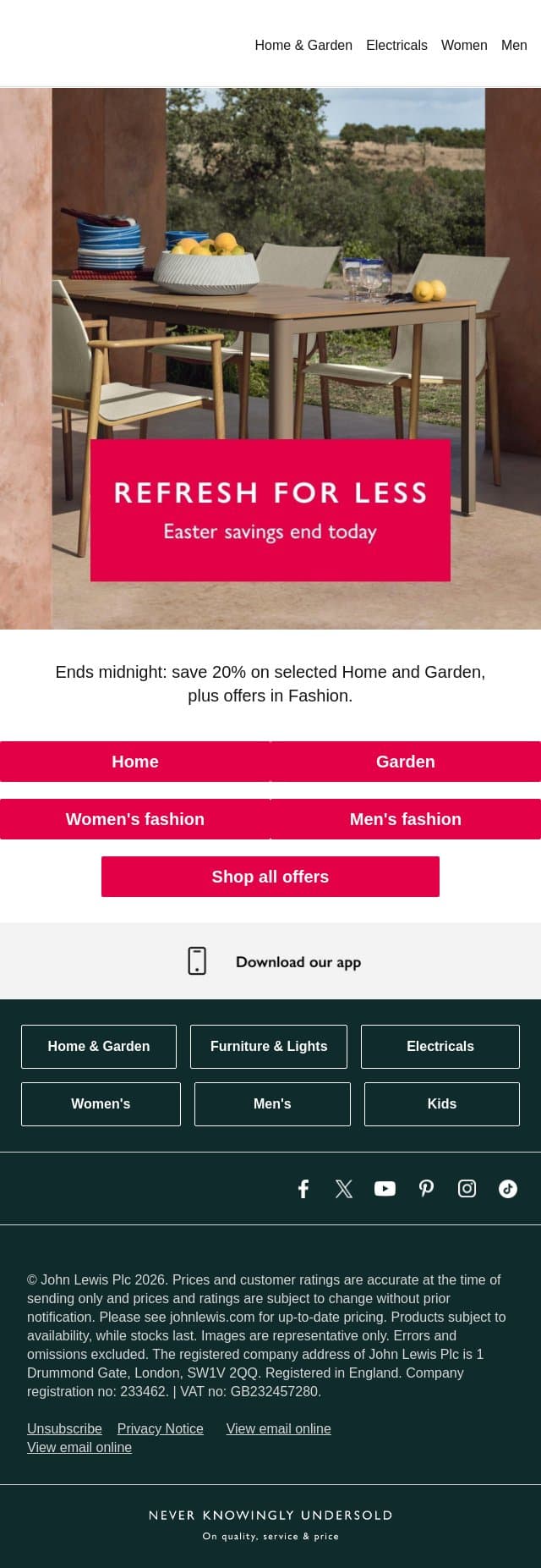 Refresh for less: savings end today email from John Lewis screenshot