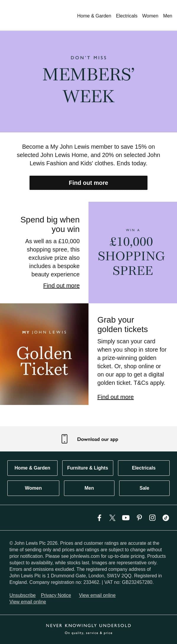 Members' Week ends today email from John Lewis screenshot