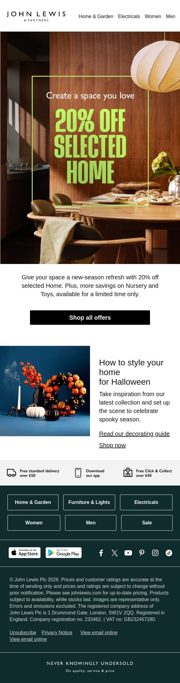 Get 20% off selected Home email from John Lewis screenshot