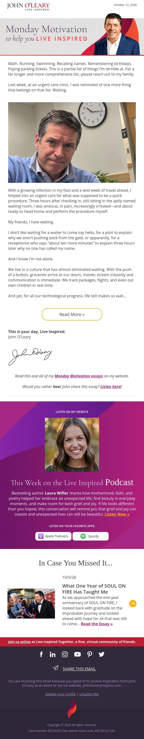 The Gift of Waiting email from John O'Leary screenshot