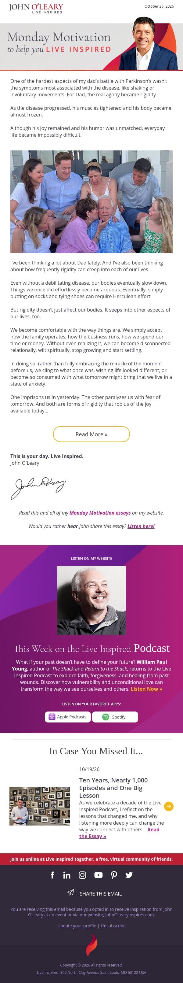Don’t Let Rigidity Creep Into Your Life email from John O'Leary screenshot
