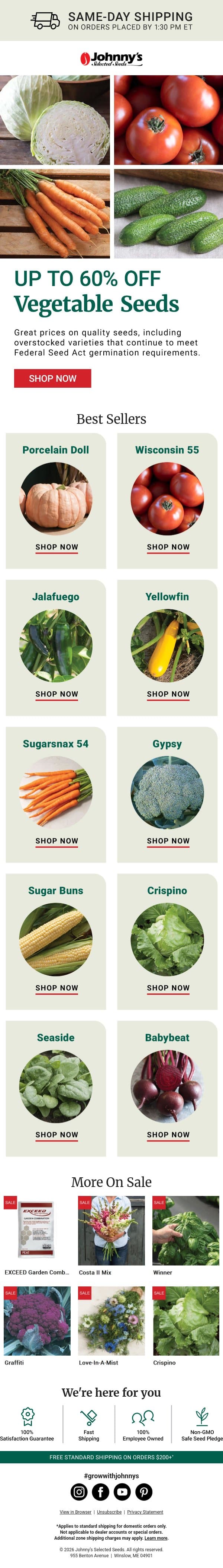 Over 100 Vegetable Seeds On Sale email from Johnny's Selected Seeds screenshot